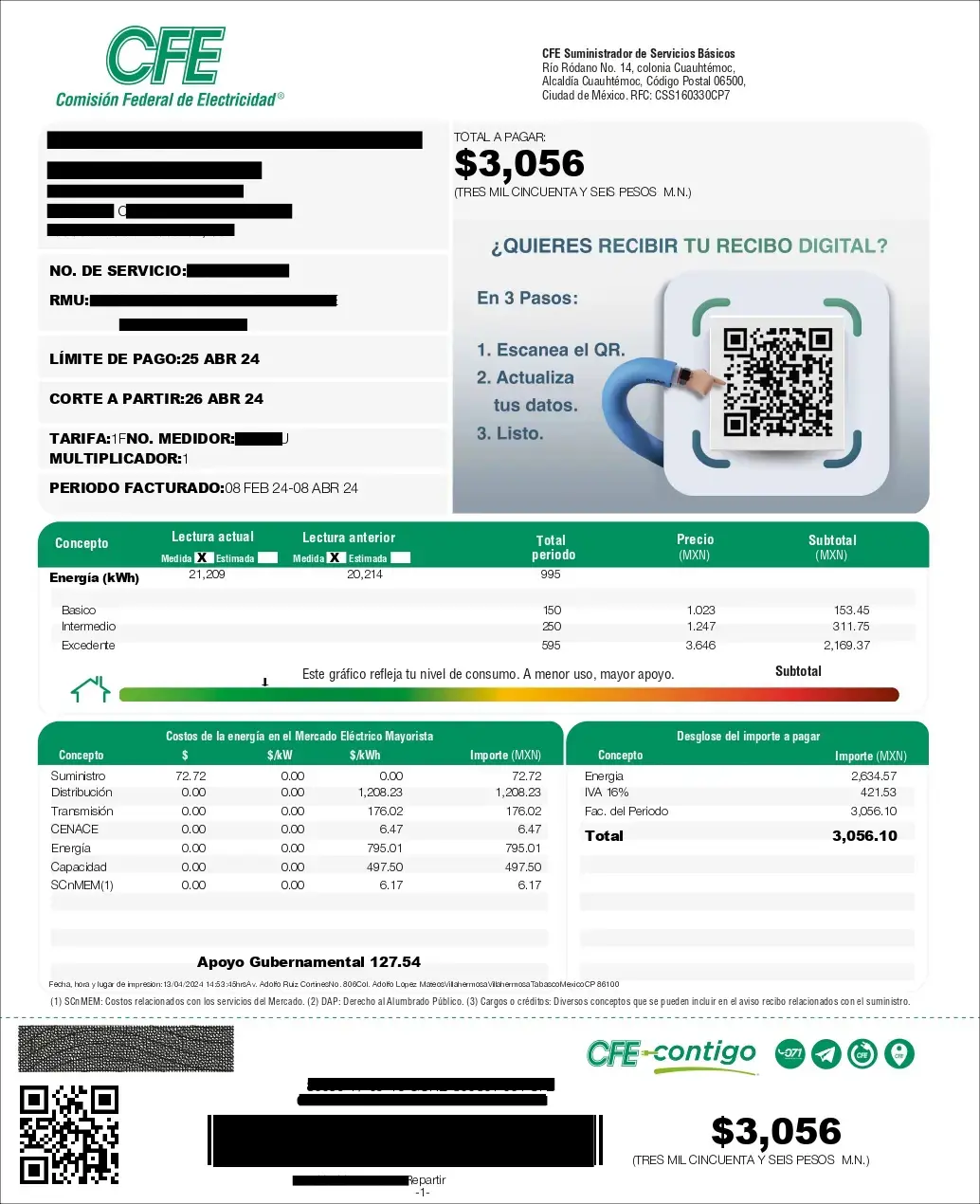 Recibo CFE antes de paneles solares
